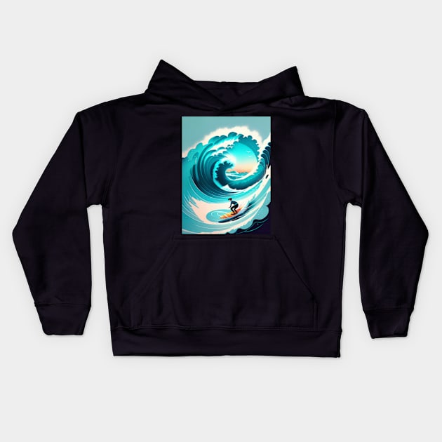 Surfer riding a wave Kids Hoodie by ArtFactoryAI